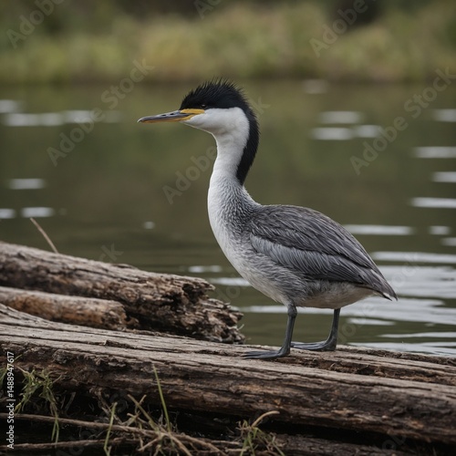 Grebe's Waterside Pose: A striking Western Grebe perched on a weathered log by a calm body of water, showcasing its distinctive black and white plumage and elegant posture.