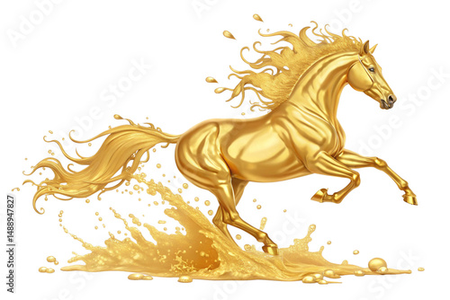 Golden horse in full stride, merging seamlessly with flowing liquid gold, symbolizing the fusion of energy, speed, isolated on transparent background - generated by ai
