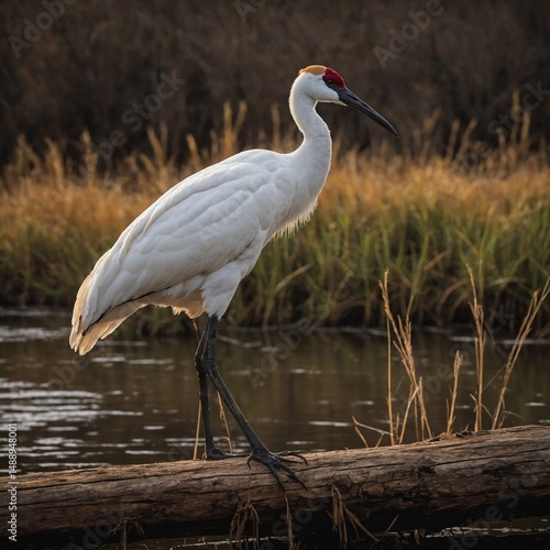 Crane in Nature: A majestic crane stands tall on a fallen log, the setting sun casting a warm glow on its pristine white feathers, a symbol of grace and tranquility in its natural habitat.