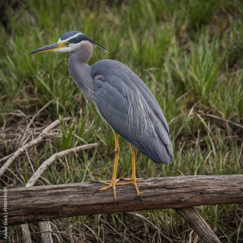 Graceful Heron Perched in Nature's Embrace: A solitary heron stands regally upon a weathered log, against a verdant backdrop of lush green grass. The majestic bird, with its elegant plumage.