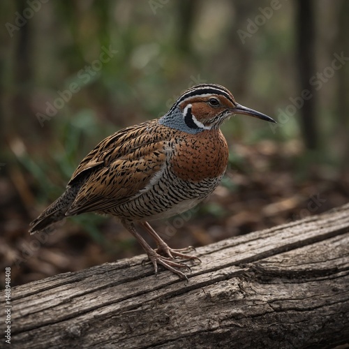 Bird on Log in Forest: A striking ground bird with intricately patterned plumage perches regally upon a weathered log, its keen gaze surveying the lush expanse of a forest ecosystem.