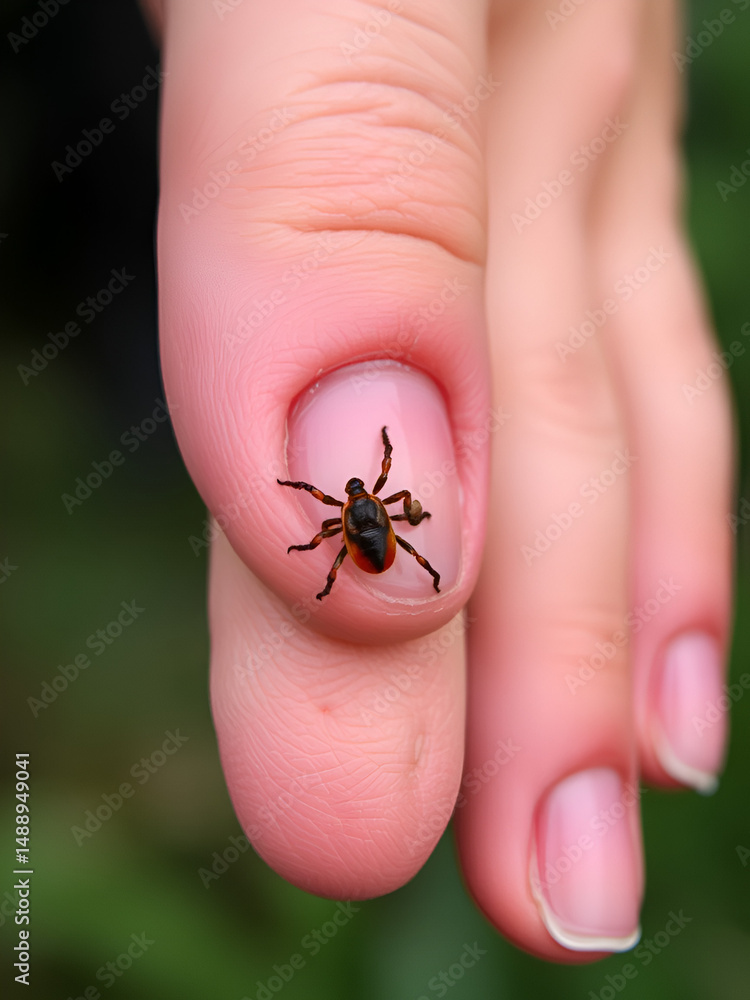 Obraz premium Infectious tick bitten woman hand and is sucking blood, risking infecting with dangerous disease or infection. Deer tick bite spreading illnesses and threatening life of shocked girl