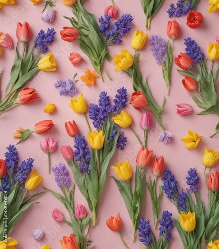 Vibrant tulips, daffodils, hyacinths on pastel paper  ,  botanical,  colorful,  colorful flowers