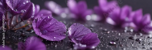 Close-up vibrant purple petals, dew drops glistening ,  botanical illustration,  exotic,  macro