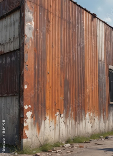 Crumbling industrial exterior; rusted corrugated iron, chipped paint, urban backdrop, photography, close-up, abandoned