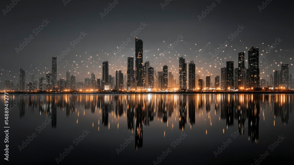 Fototapeta premium Illuminated Urban Skyline with Reflective Water and Network Connections