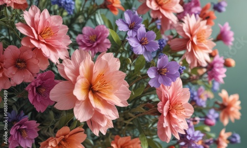 Close-up vibrant spring blooms, textured paper  Fresh, bright colors , April, macro