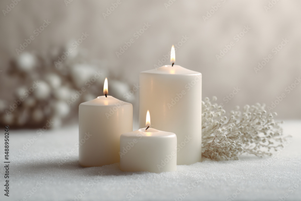 serene christmas scene featuring elegant fragrant candles arranged on simple snowwhite surface serene christmas scene featuring elegant fragrant candles arranged on simple snowwhite surface