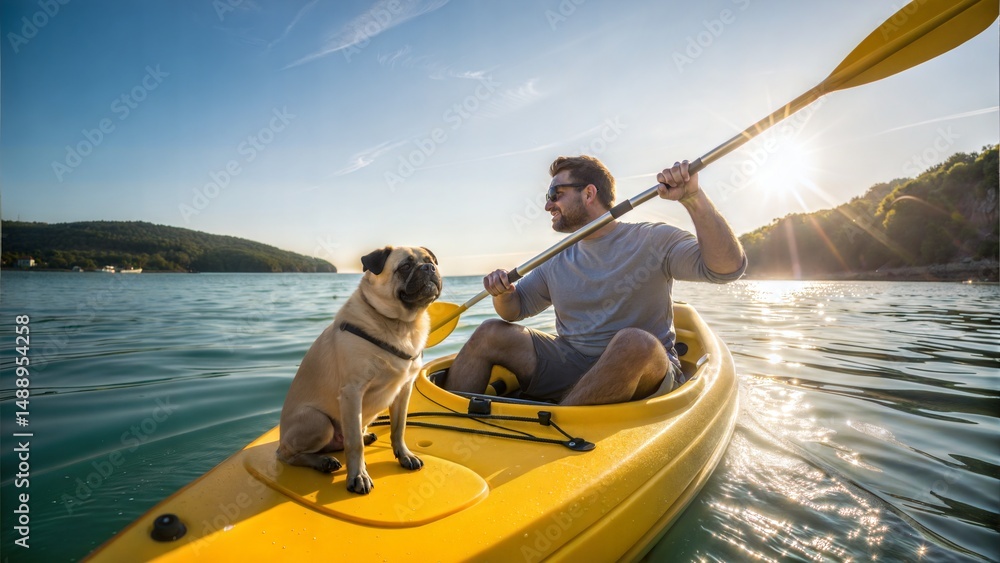 Naklejka premium Man Kayaking with Pug Dog on Sunny Day in Yellow Kayak 