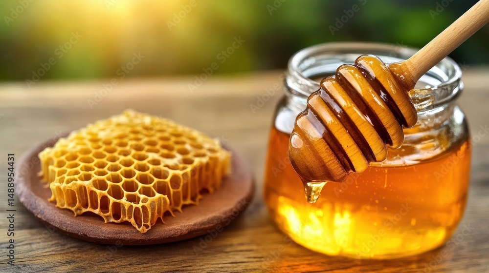 Honey dripping from honey dipper into a jar with honeycomb in the background Honey dripping from honey dipper into a jar with honeycomb in the background