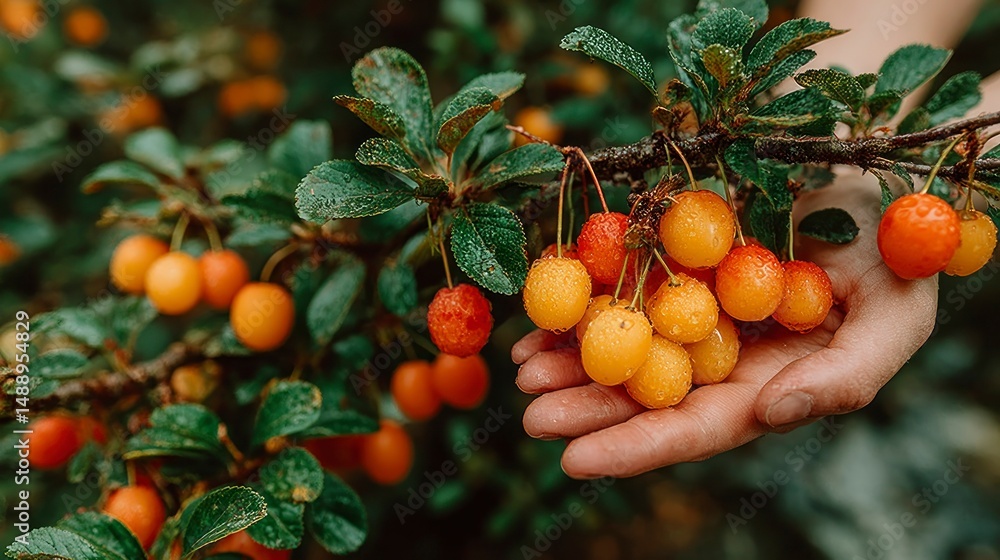 Freshly Picked Berries in Hand Amidst Lush Greenery Highlighting Natures Bounty and Vibrant C Freshly Picked Berries in Hand Amidst Lush Greenery Highlighting Natures Bounty and Vibrant C
