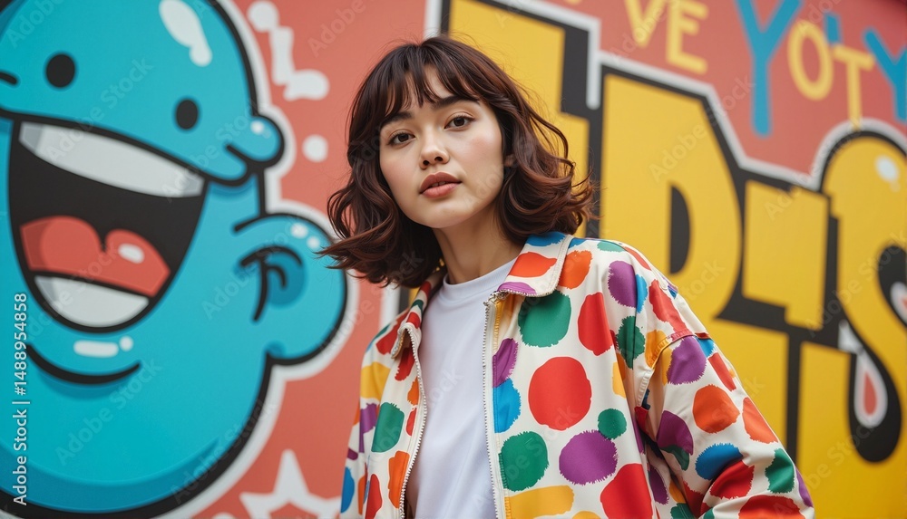Fototapeta premium Stylish young Asian woman with wavy hair posing confidently in a colorful polka-dot jacket against a vibrant street art background, creative concept of fashion or lifestyle brands