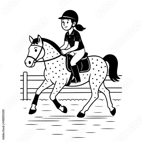 Girl riding a spotted horse during equestrian training in a riding arena