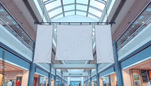 Clean, empty banners hanged inside the shopping mall. Brand promotion, mockup. White tone