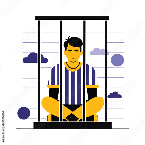 Jail Cell Incarceration of Prisoner with Striped Uniform