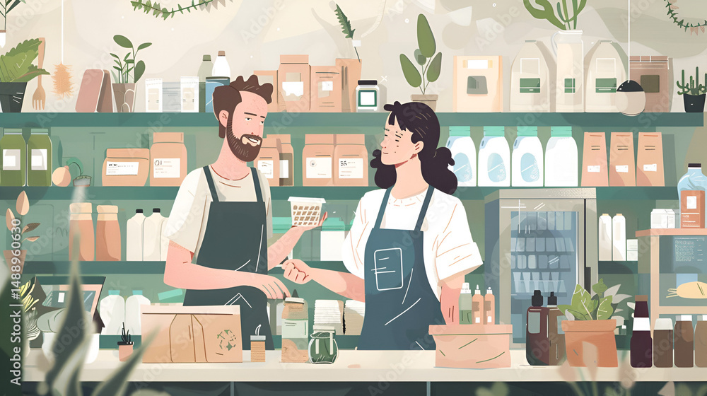 Two employees working in a shop with shelves of products and plants in a bright and clean environment Two employees working in a shop with shelves of products and plants in a bright and clean environment