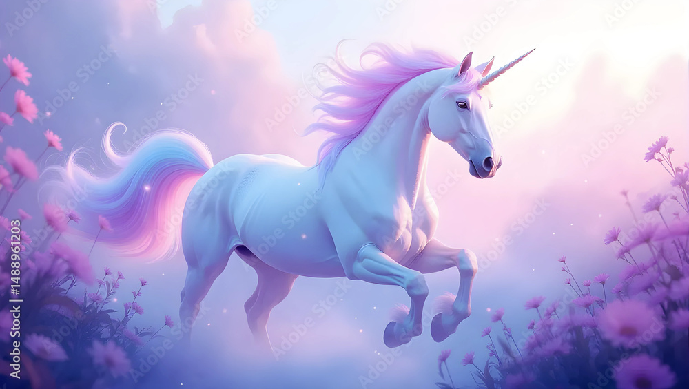 Fototapeta premium Enchanting White Unicorn Galloping Through a Field of Pink Flowers