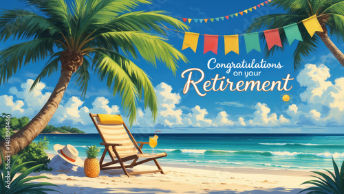 Tropical beach scene with text 