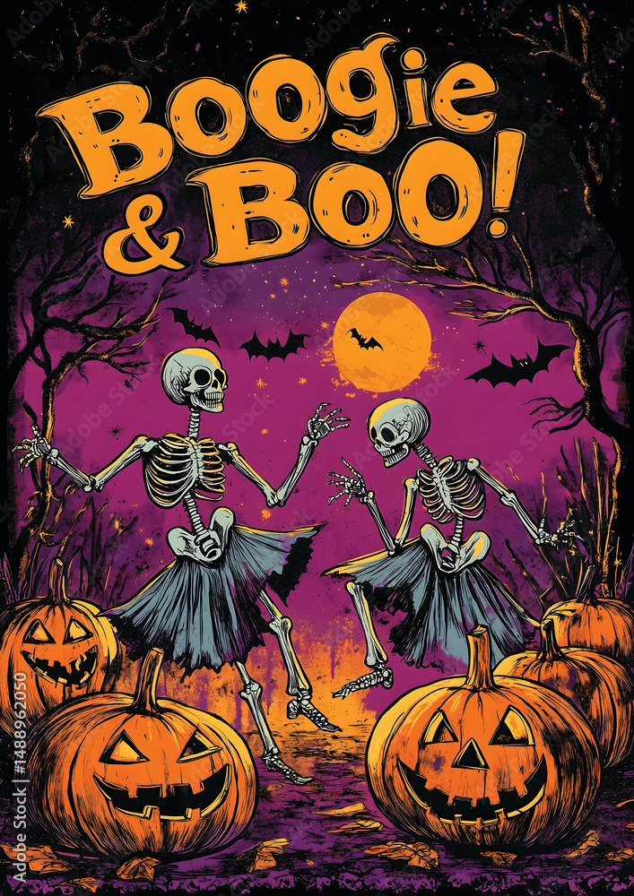 Fototapeta premium Boogie & Boo! - Halloween Skeletons and Pumpkins