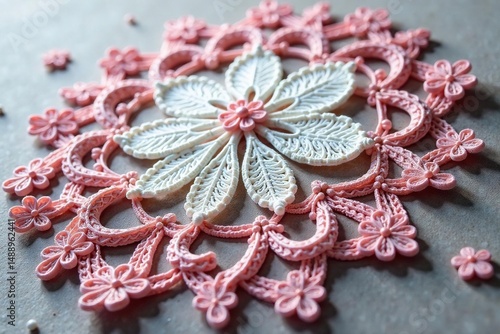 Intricate floral lace doily, delicate texture, mesh, embroidery