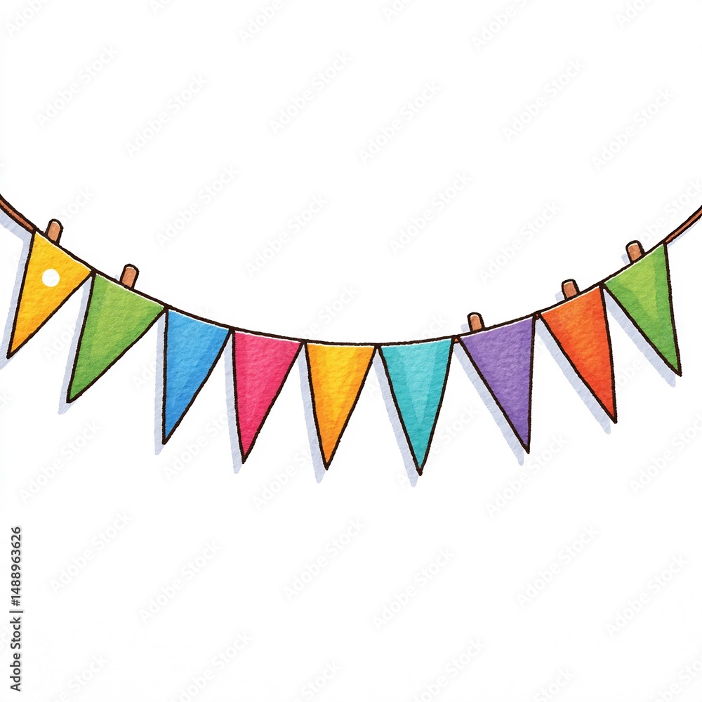 Obraz premium Bunting flags hanging in a row, subject on a solid pure white background, Dark Outlined, no shadows, no texture