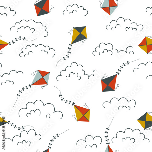 Flying kites seamless pattern. Childish summer print. Vector hand drawn illustration