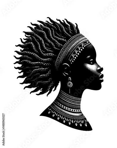 Portrait of an African woman with traditional braided hairstyle in black and white