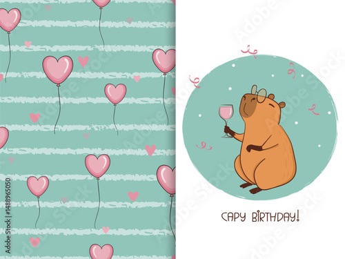 Happy Birthday card template with cute capybara. Vector celebration illustration