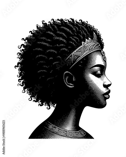 Elegant African Woman Portrait in Profile with Ornate Headband Engraved Black and White Detailed Art