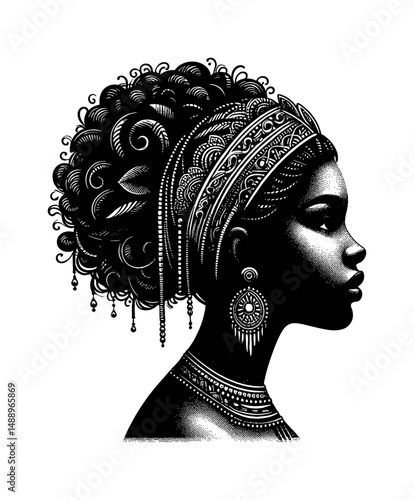Elegant African Woman with Intricate Headdress and Jewelry in Black and White Profile Art