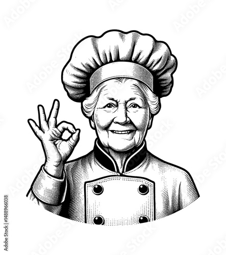 Smiling Chef Woman in Uniform Making OK Sign in Black and White Detailed Drawing