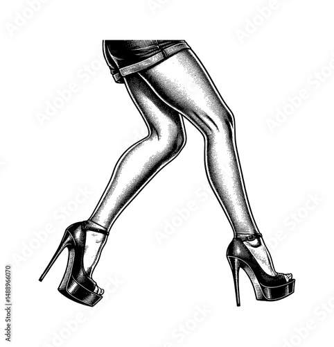 Illustration of Woman's Legs in Heels Walking with Detailed Engraved Style Isolated on White