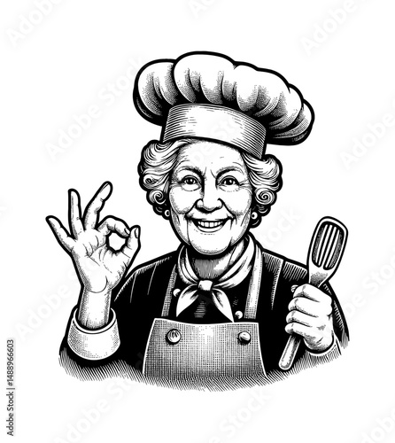 An Elderly Chef Showing OK Gesture and Holding Kitchen Spoon with Happy Expression