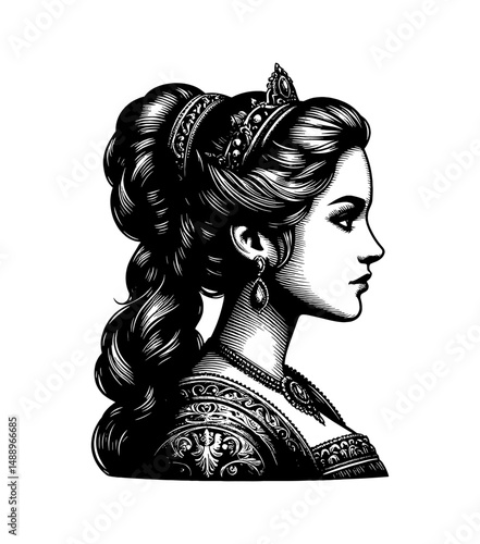 Elegant Queen Profile with Ornate Crown and Jewelry in Detailed Black and White Engraving Style
