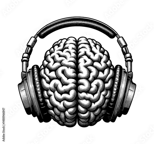Brain Wearing Headphones Engraving Style, Mental Connection with Music, Listening Concept Art