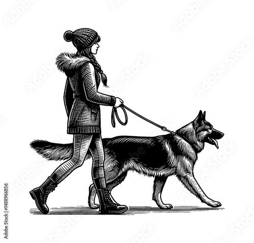 A Woman Walks a Dog on Leash in Black and White Engraved Line Art Style