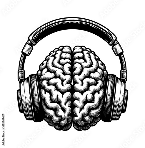 Brain Wearing Headphones, Detailed Engraving Style Illustration for Music or Cognitive Concepts