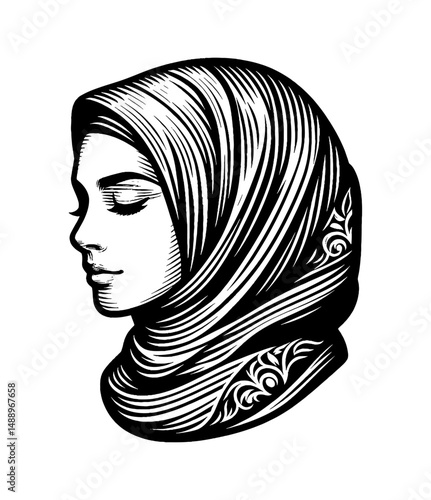 Illustration of a Muslim woman wearing a hijab with eyes closed in black and white