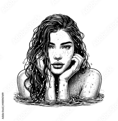 Portrait of a serene woman with wet hair in water, detailed black and white illustration