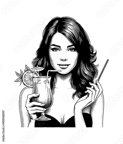 A Smiling Brunette Holding a Drink With Straw, Umbrella and Lime in a Detailed Black and White Art