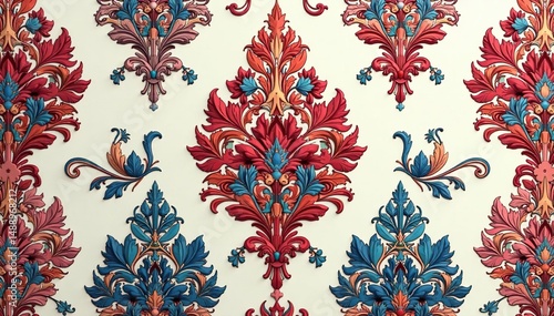 Intricate floral damask wallpaper, repeating motif, print, silver, damask