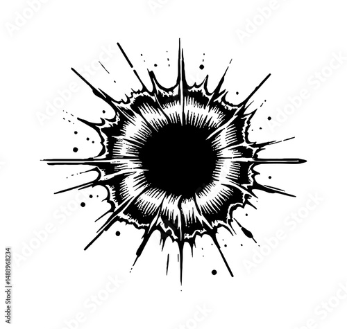 Black and white vector illustration of a burst or impact in a engraving style