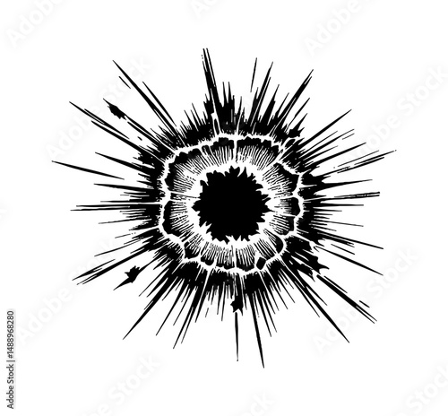 Explosion Bursting Outward with Spikes and Circular Pattern in Black and White Engraved Style