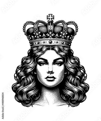 Portrait of a Queen with Wavy Hair and Crown in a Detailed Black and White Engraving