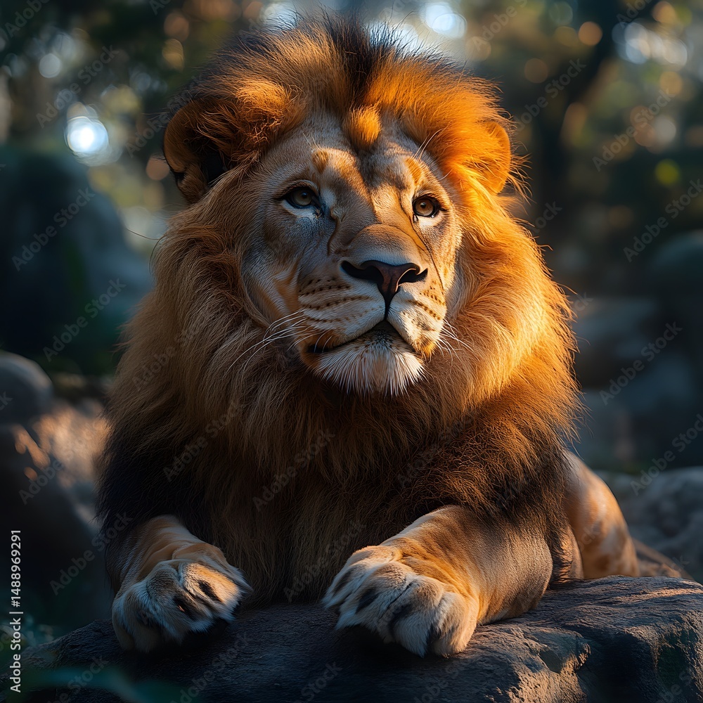 Fototapeta premium Majestic lion resting, golden light