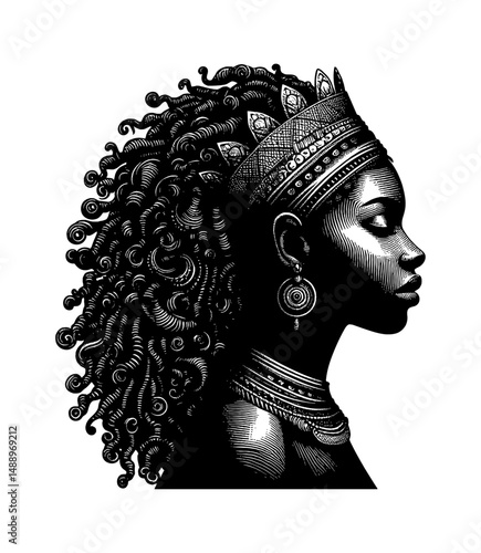 Elegant African Queen with Crown and Jewelry in Detailed Black and White Engraving Style