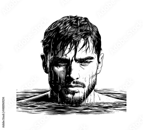 Portrait of a man emerging from water with a serious expression in black and white engraving