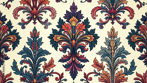 Intricate floral damask pattern, elegant swirls and leaves , illustration, interior design, design element