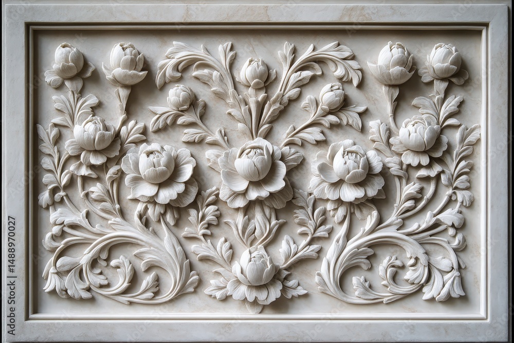 Intricate floral carvings on a light stone panel. Intricate floral carvings on a light stone panel.