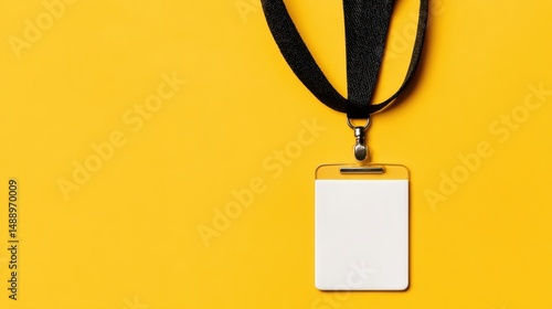 Blank ID badge on black lanyard against vibrant yellow background, ideal for customization, identification, and branding purposes in various settings